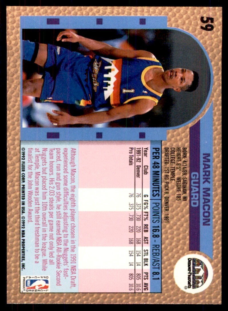 1992-93 Fleer Mark Macon Basketball Cards #59