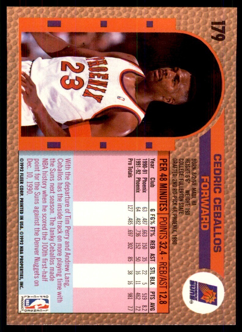 1992-93 Fleer Cedric Ceballos Basketball Cards #179