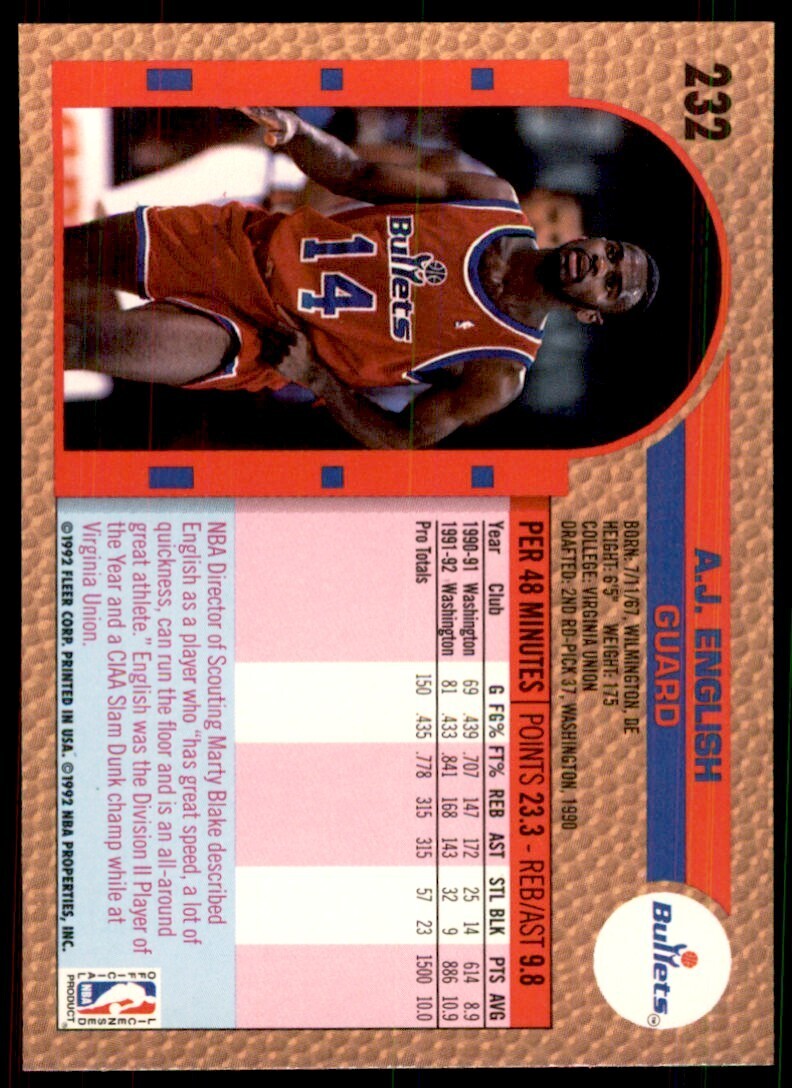 1992-93 Fleer A.J. English Basketball Cards #232