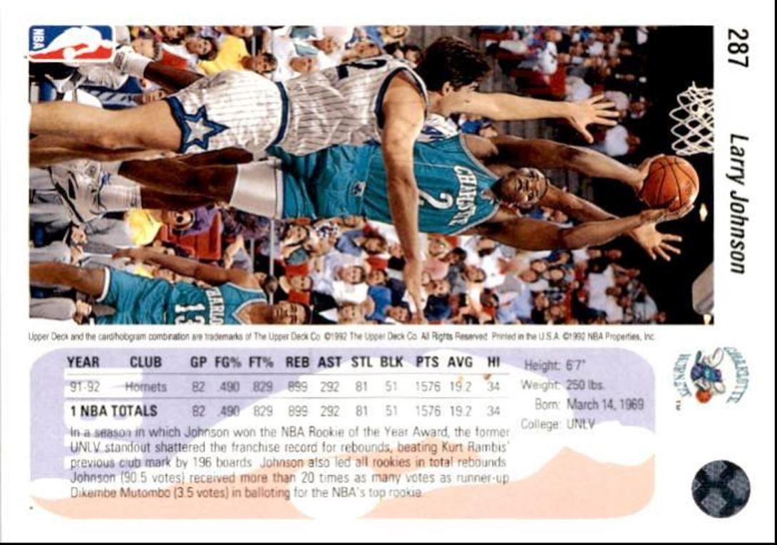 1992-93 Upper Deck Basketball Card Larry Johnson Charlotte Hornets #287
