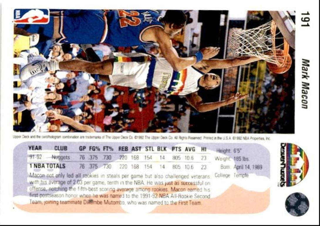 1992-93 Upper Deck Basketball Card Mark Macon , Denver Nuggets #191