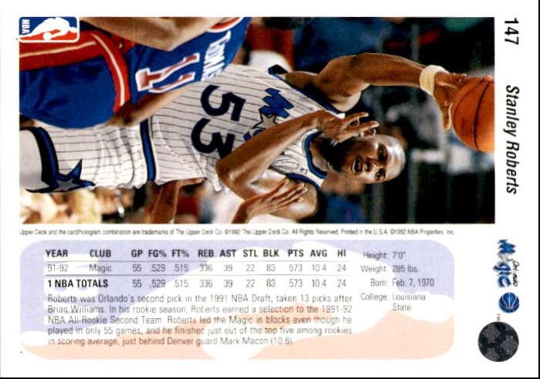1992-93 Upper Deck Basketball Card Stanley Roberts Los Angeles Clippers #147