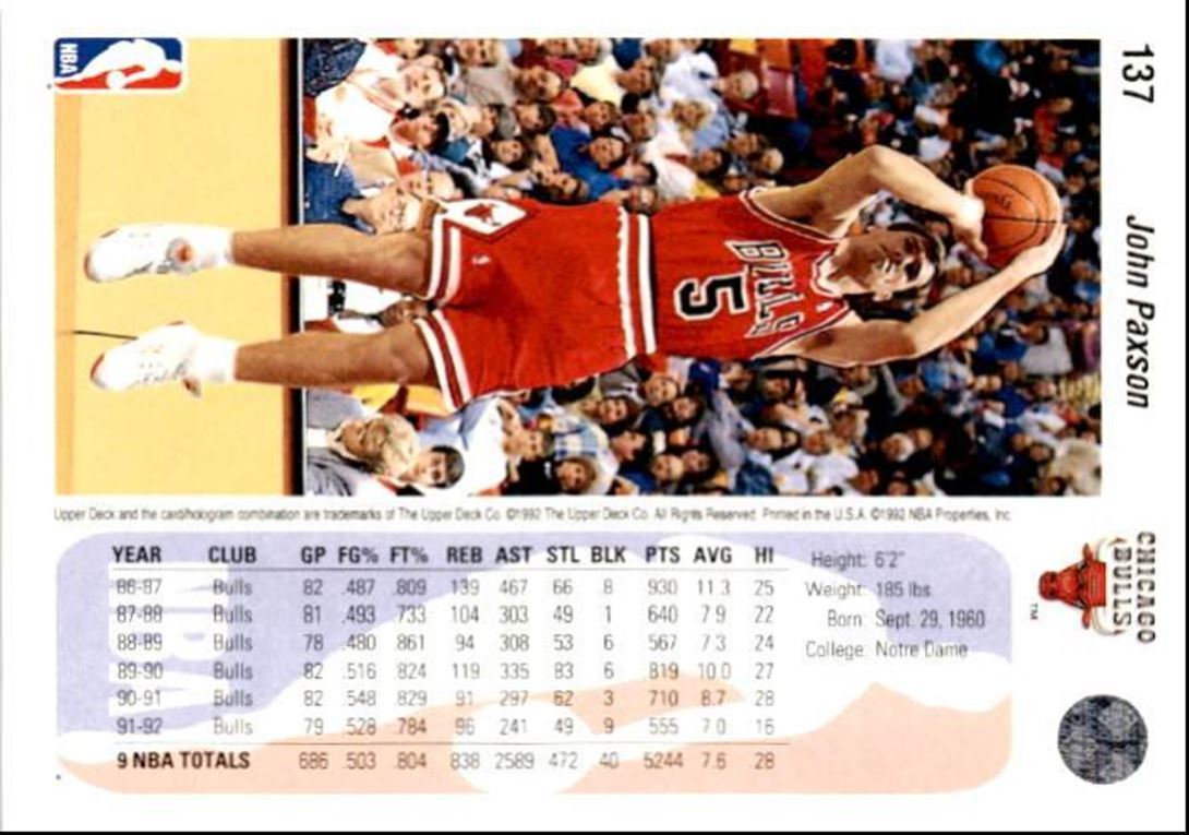 1992-93 Upper Deck Basketball Card John Paxson Chicago Bulls #137