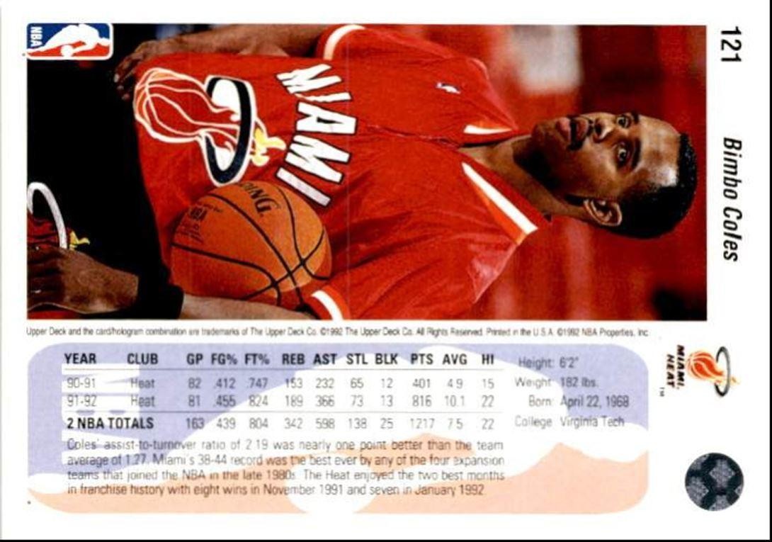 1992-93 Upper Deck Basketball Card Bimbo Coles Miami Heat #195