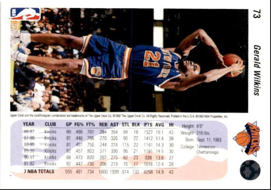 1992-93 Upper Deck Basketball Card Gerald Wilkins / Cleveland Cavaliers #73