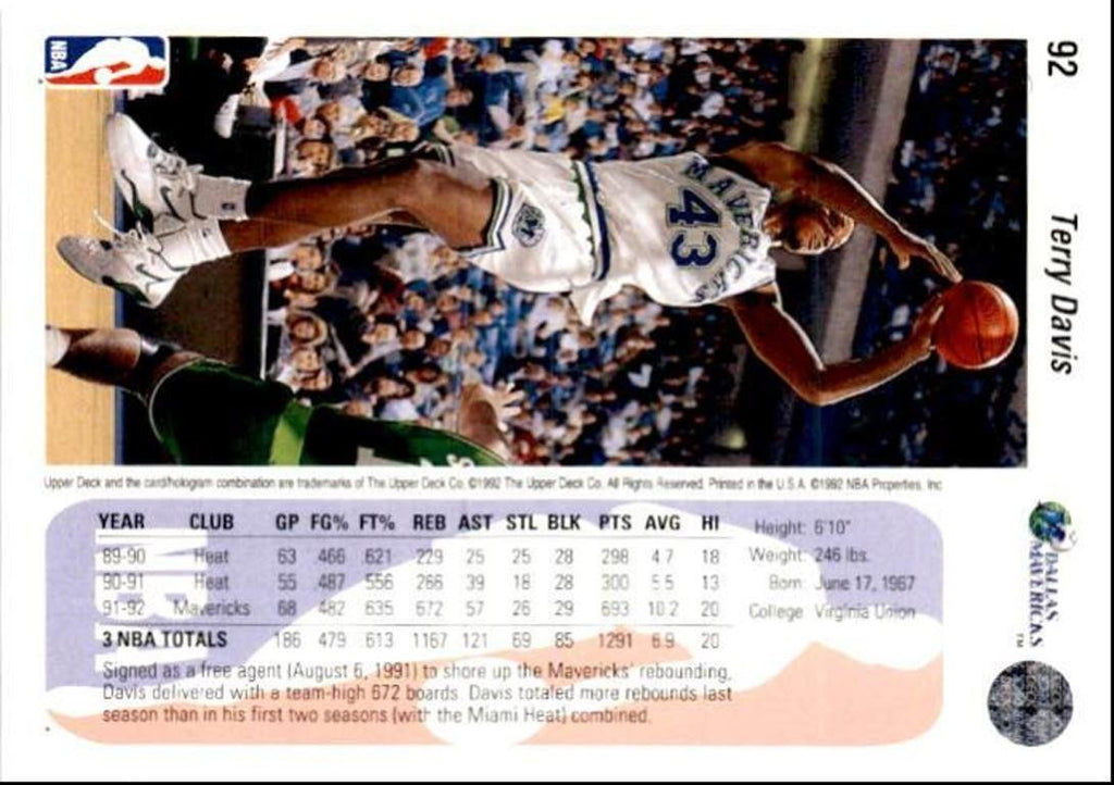 1992-93 Upper Deck Basketball Card Terry Davis / Dallas Mavericks #92
