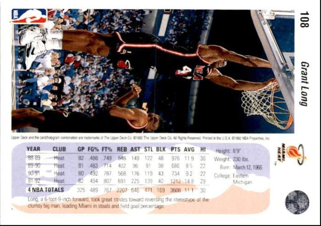 1992-93 Upper Deck Basketball Card Grant Long / Miami Heat #108