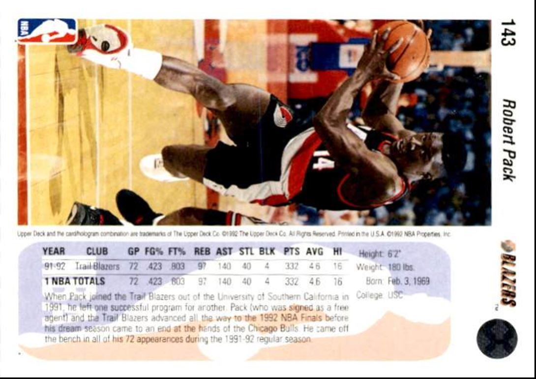 1992-93 Upper Deck Basketball Card Robert Pack / Denver Nuggets #143