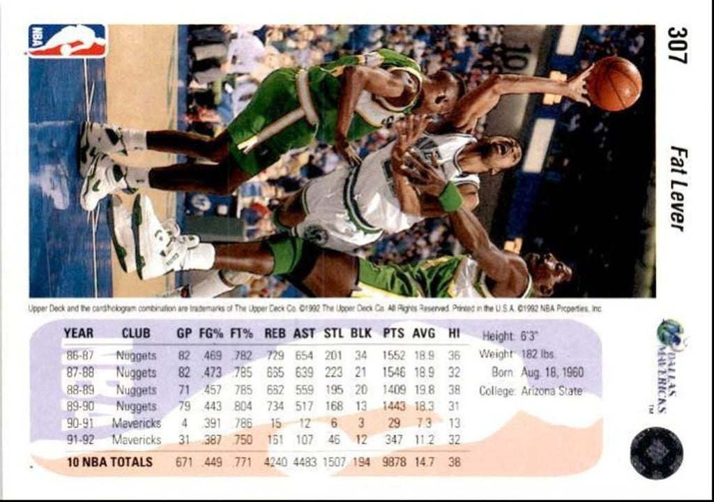 1992-93 Upper Deck Basketball Card Fat Lever Dallas Mavericks #307