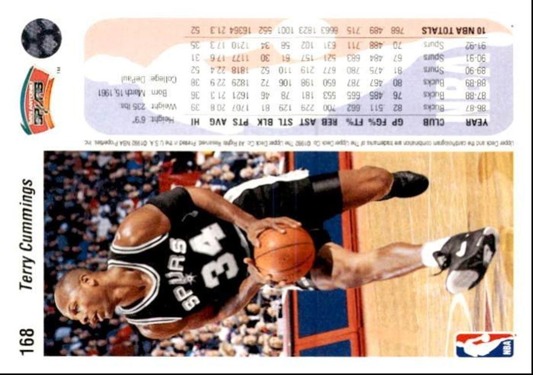 1992-93 Upper Deck Basketball Card Terry Cummings , San Antonio Spurs #168