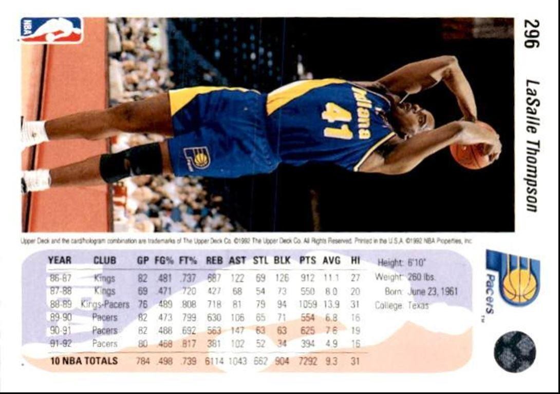 1992-93 Upper Deck Basketball Card LaSalle Thompson . Indiana Pacers #296