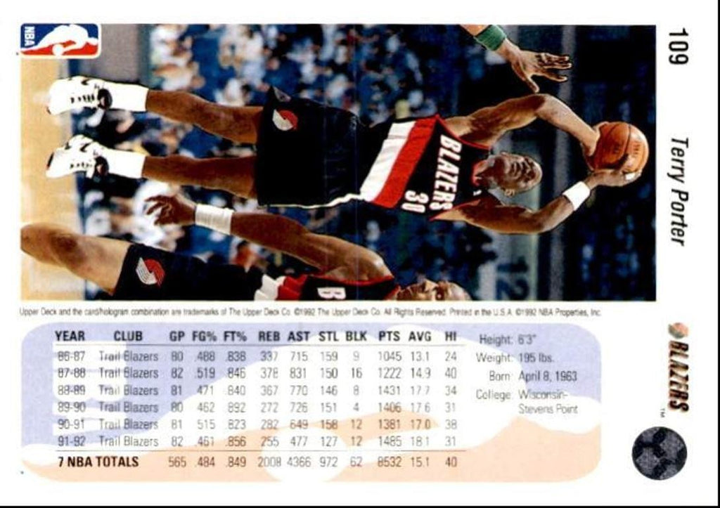 1992-93 Upper Deck Basketball Card Terry Porter Portland Trail Blazers #109