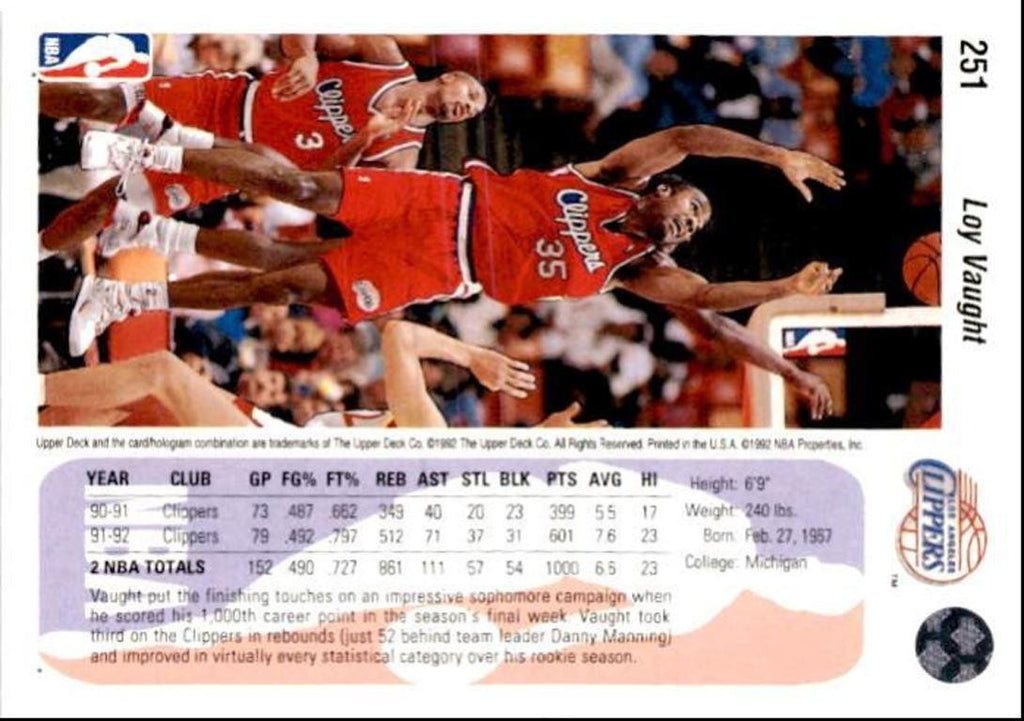 1992-93 Upper Deck Basketball Card Loy Vaught Los Angeles Clippers #251