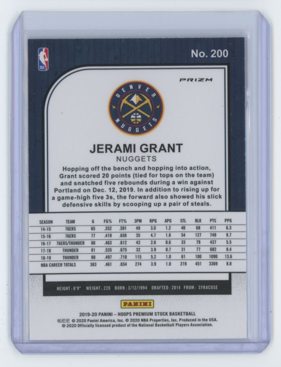 2019-20 Hoops Purple Prizm Jerami Grant Basketball Card #200