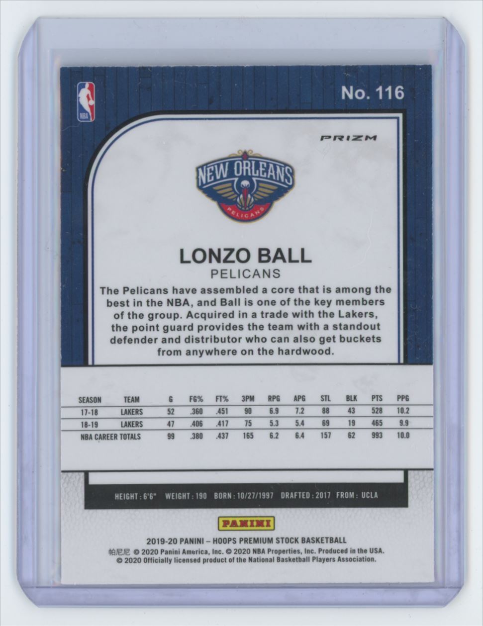 2019-20 Hoops Purple Prizm Lonzo Ball Basketball Card #116