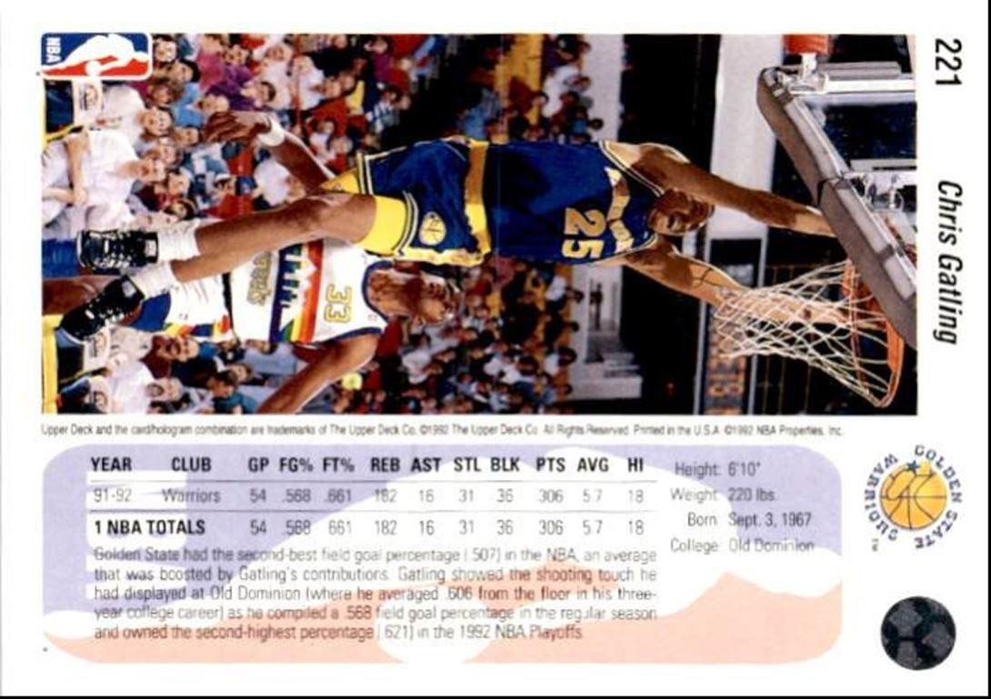 1992-93 Upper Deck Basketball Card Chris Gatling Golden State Warriors #221