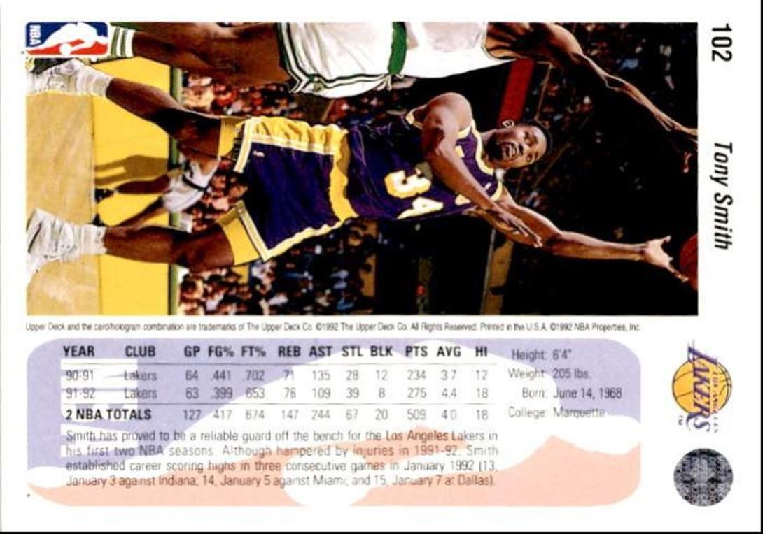 1992-93 Upper Deck Basketball Card Tony Smith Los Angeles Lakers #102