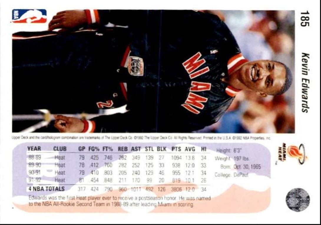 1992-93 Upper Deck Basketball Card Kevin Edwards / Miami Heat #185