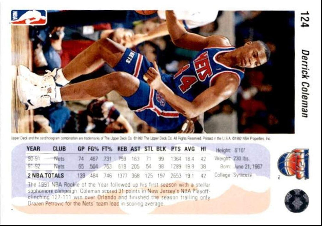 1992-93 Upper Deck Basketball Card Derrick Coleman / New Jersey Nets #124