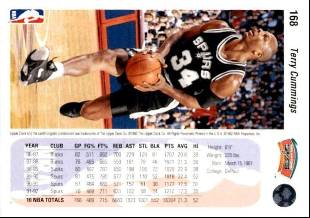 1992-93 Upper Deck Basketball Card Terry Cummings / San Antonio Spurs #168