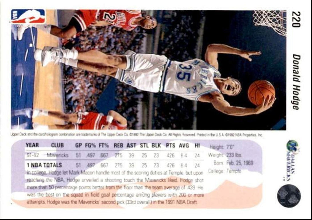 1992-93 Upper Deck Basketball Card Donald Hodge / Dallas Mavericks #220