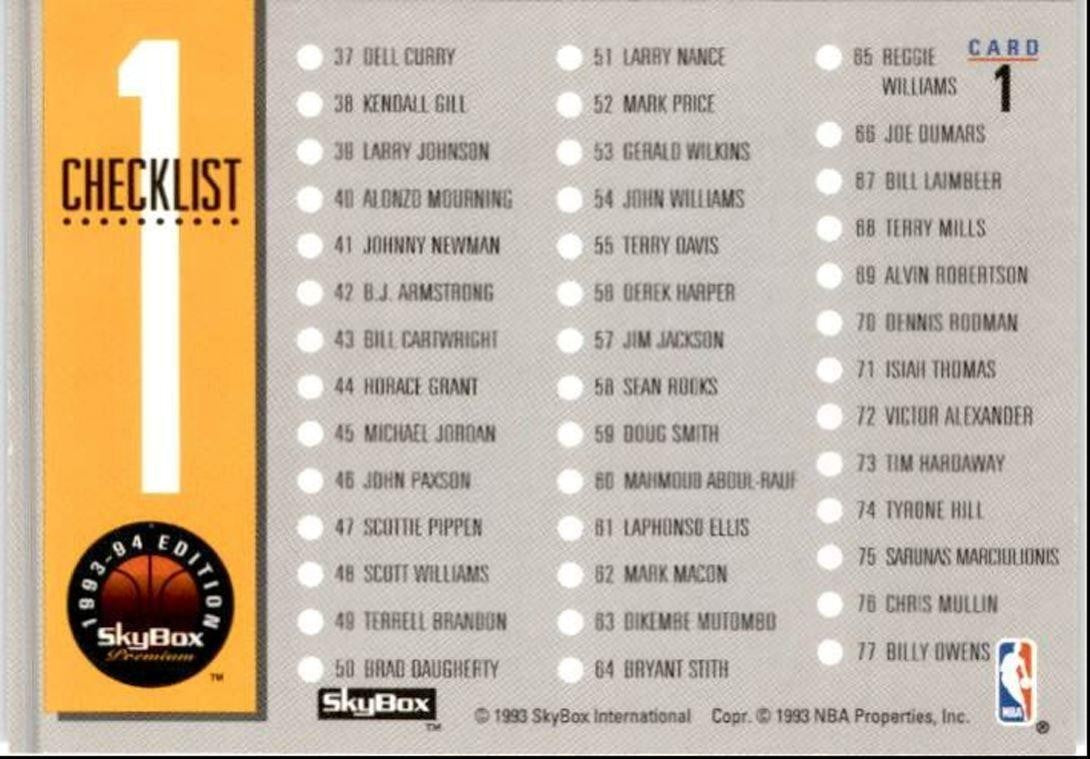 1993-94 SkyBox Checklist 1: 1-77 #1