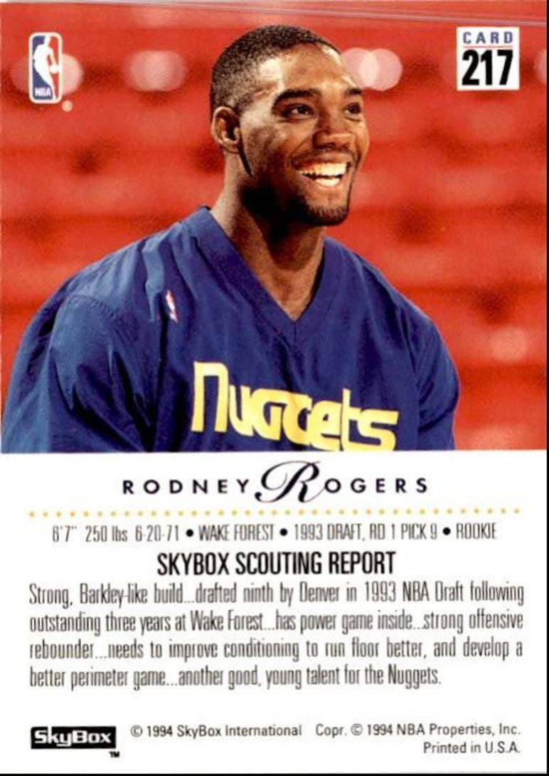 1993-94 SkyBox Rodney Rogers Rookie Denver Nuggets #217