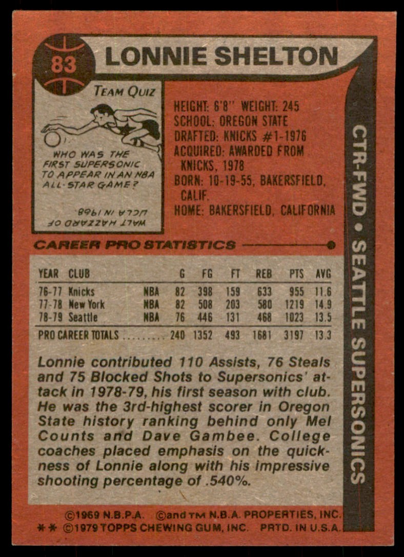 1979-80 TOPPS* LONNIE SHELTON SEATTLE SUPERSONICS #83 (T101)