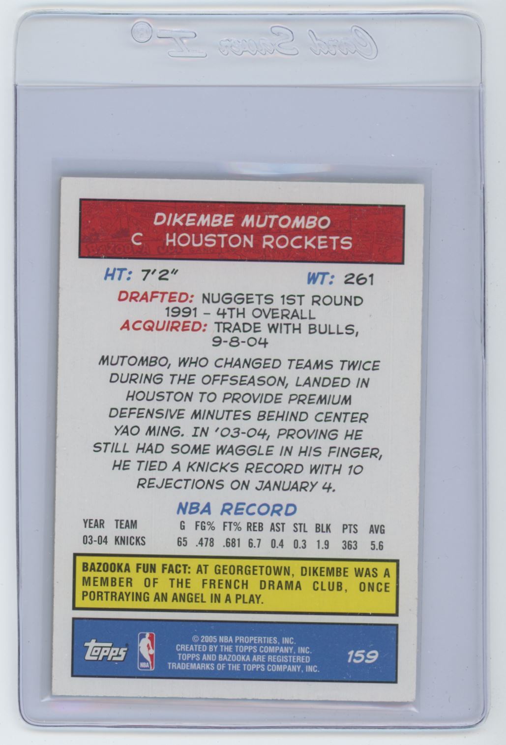 2004-05 Bazooka Dikembe Mutombo Basketball Card #159