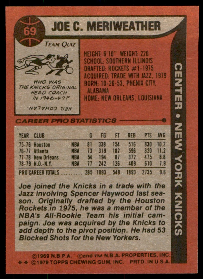 1979-80 TOPPS* JOE MERIWEATHER NEW YORK KNICKS #69 (T102)