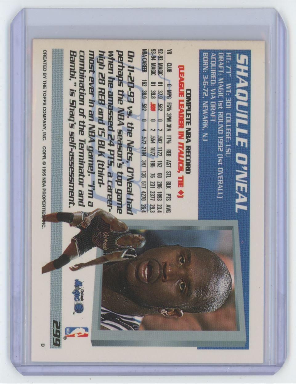1994-95 Topps Shaquille O'Neal Basketball Card Orlando Magic #299