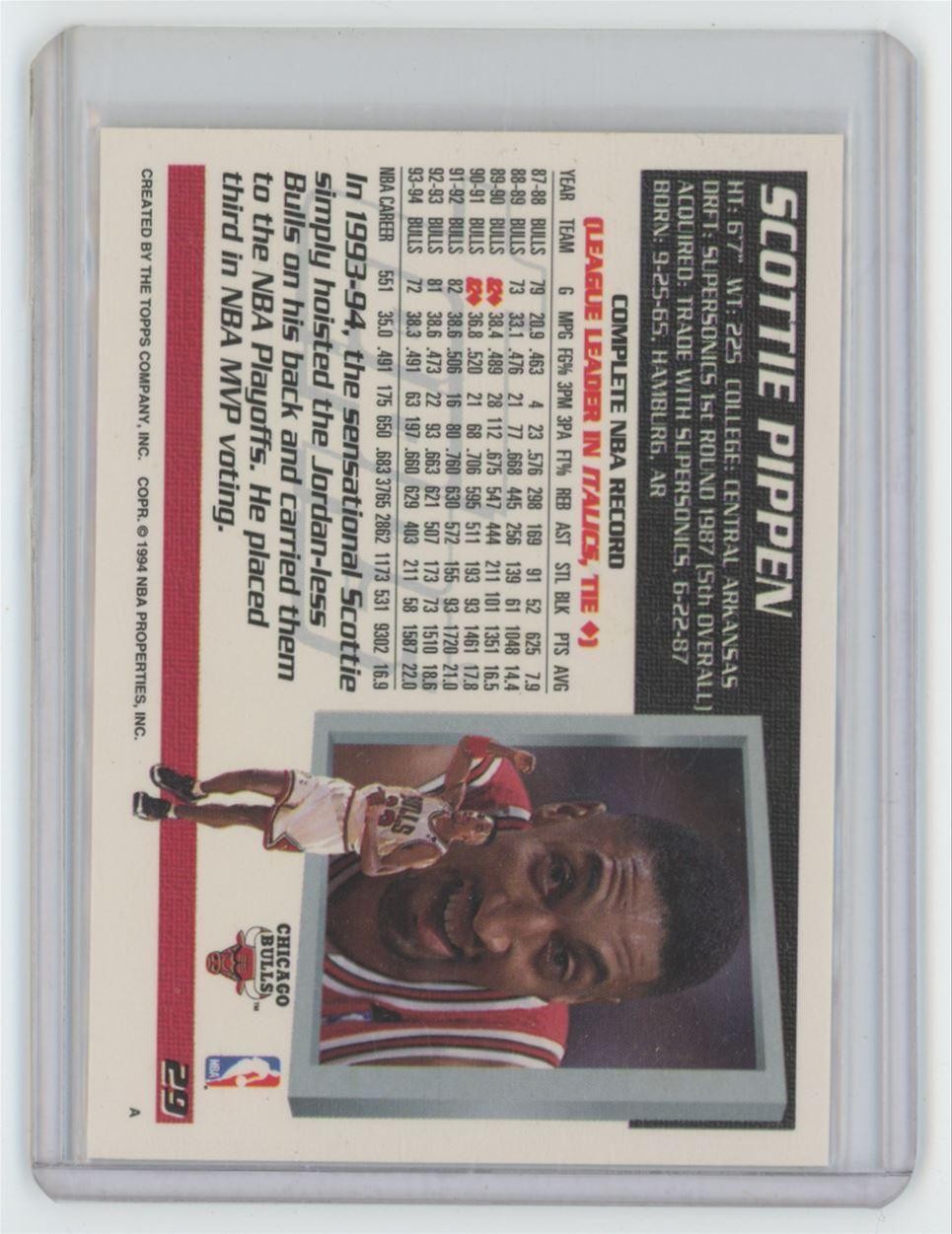 1994-95 Topps Scottie Pippen Basketball Card Chicago Bulls #29