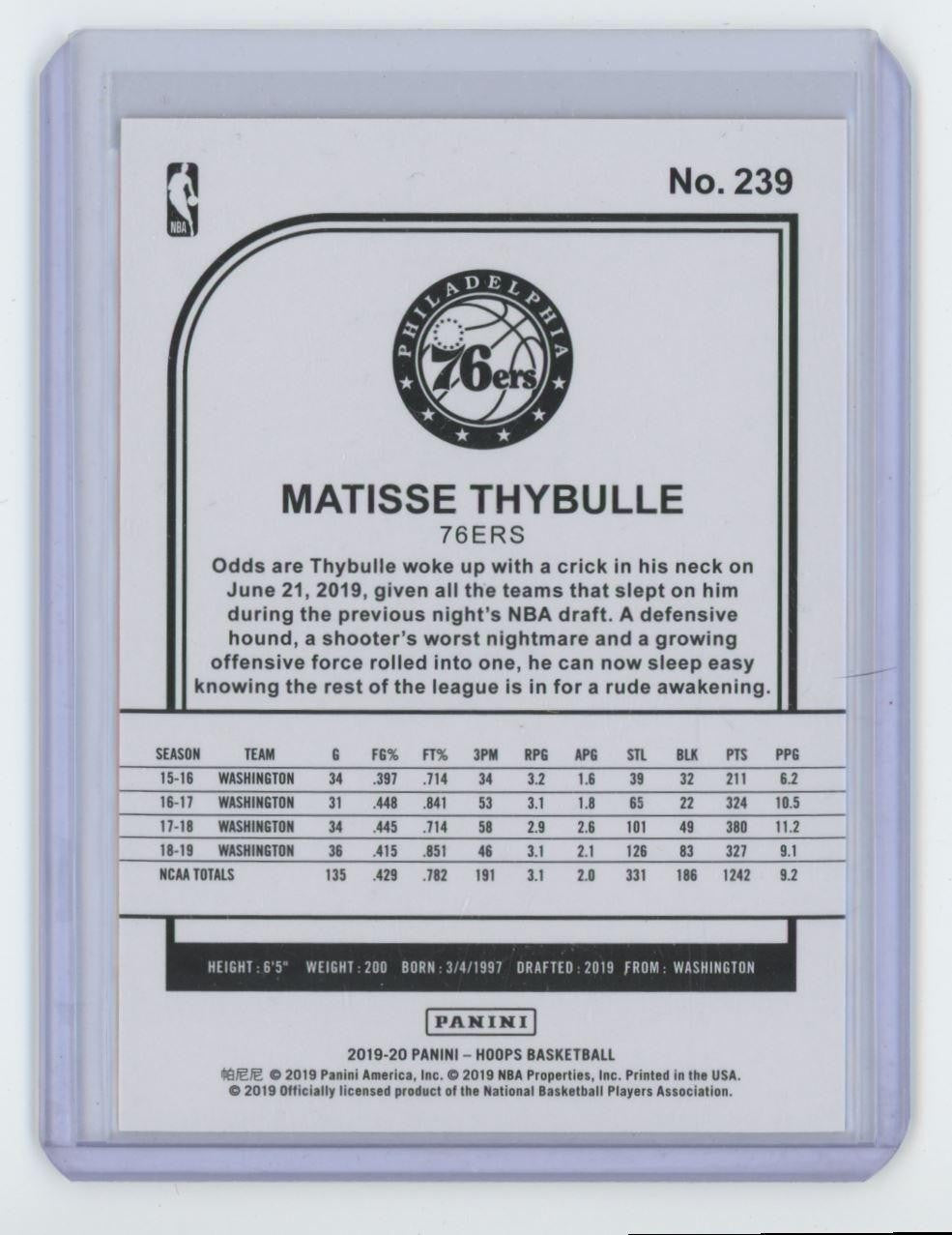 2019-20 Hoops Matisse Thybulle Rookie Basketball Card 31/75 Philadelphia 76ers