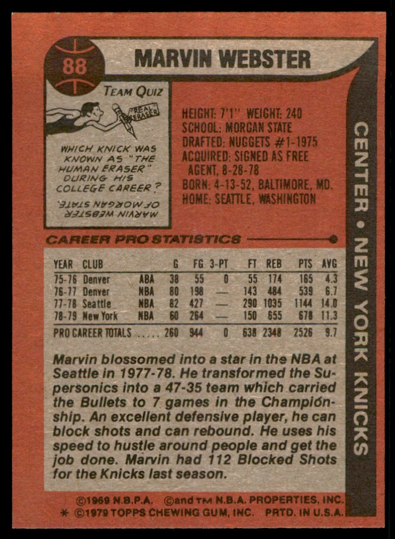 1979-80 TOPPS; MARVIN WEBSTER NEW YORK KNICKS #88 (T106)