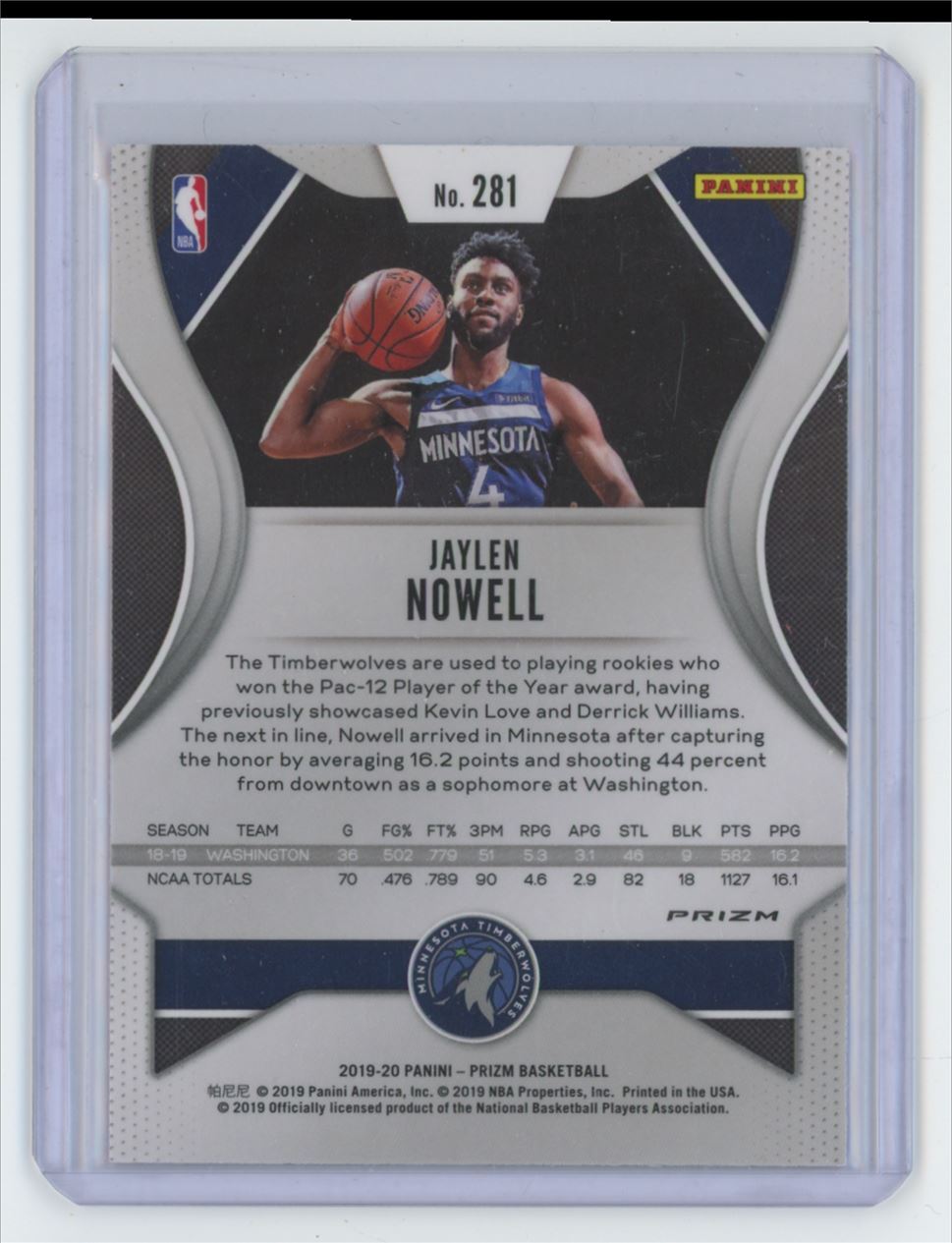 2019-20 Panini Prizm Pink Jaylen Nowell Rookie Basketball Card Minnesota