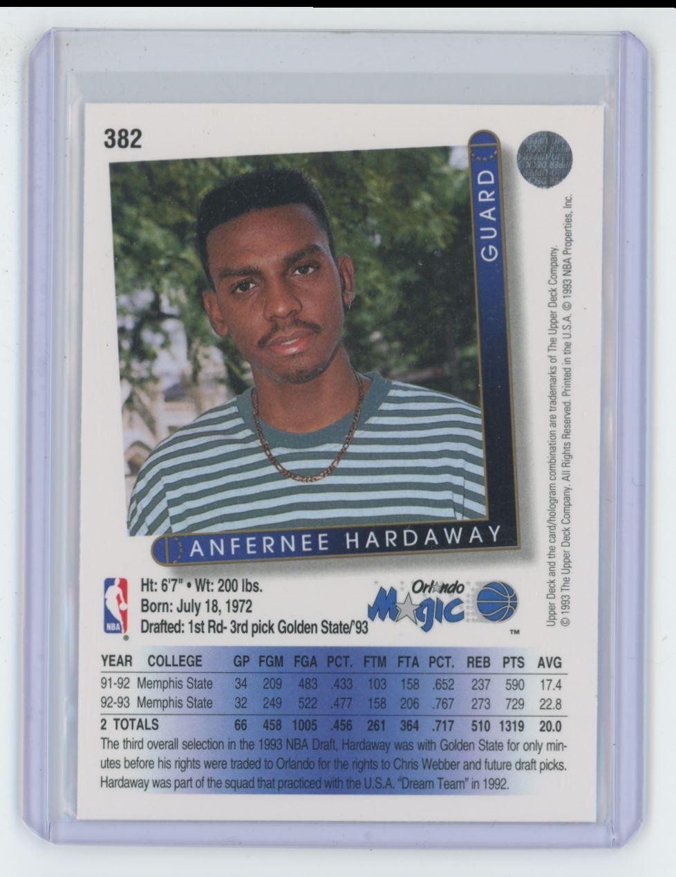 1993-94 Upper Deck Anfernee Hardaway Rookie Basketball Card Orlando Magic #382E