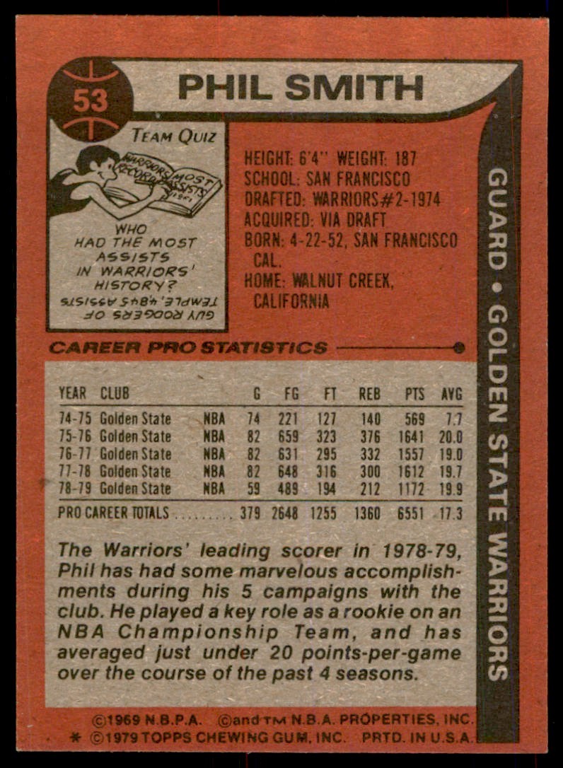 1979-80 TOPPS PHIL SMITH GOLDEN STATE WARRIORS #53 (T100)