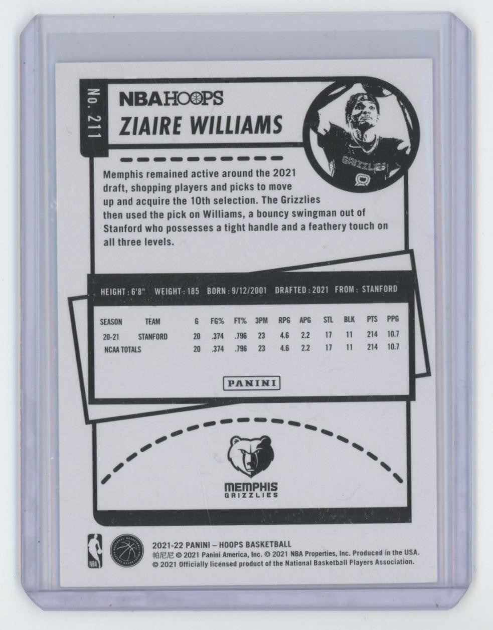 2021-22 Hoops Ziaire Williams Rookie Basketball Card Memphis Grizzlies #211