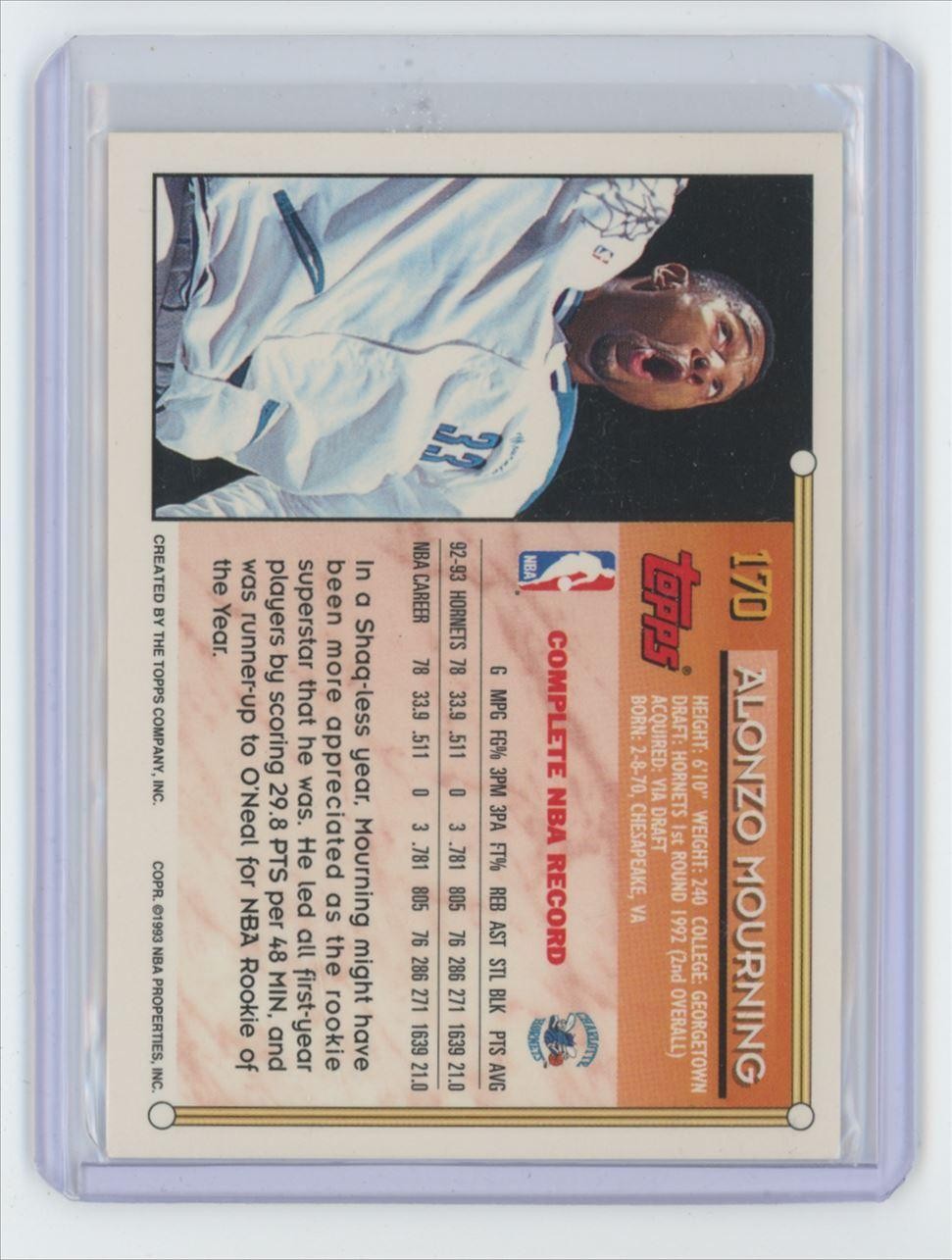 1993-94 Topps Alonzo Mourning Basketball Card Charlotte Hornets #170