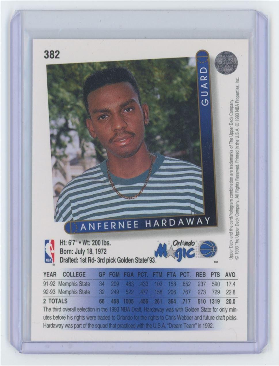 1993-94 Upper Deck Anfernee Hardaway Rookie Basketball Card Orlando Magic #382C