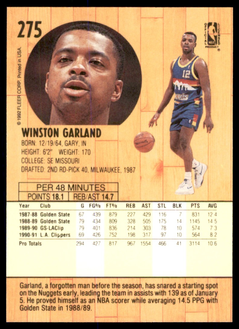 1991-92 FLEER WINSTON GARLAND DENVER NUGGETS #275