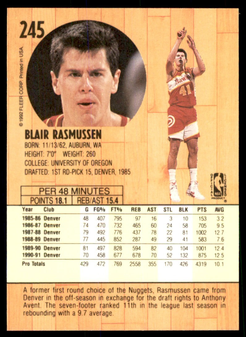 1991-92 FLEER BLAIR RASMUSSEN ATLANTA HAWKS #245