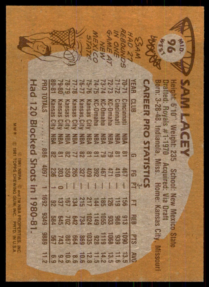 1981-82 TOPPS SAM LACEY KANSAS CITY KINGS. #MW96