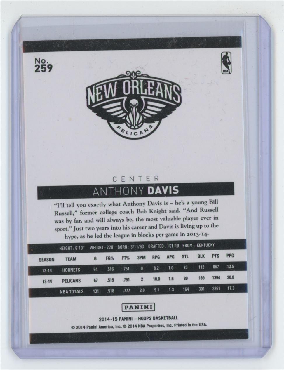 2014-15 Hoops Anthony Davis Basketball Card New Orleans Pelicans #259