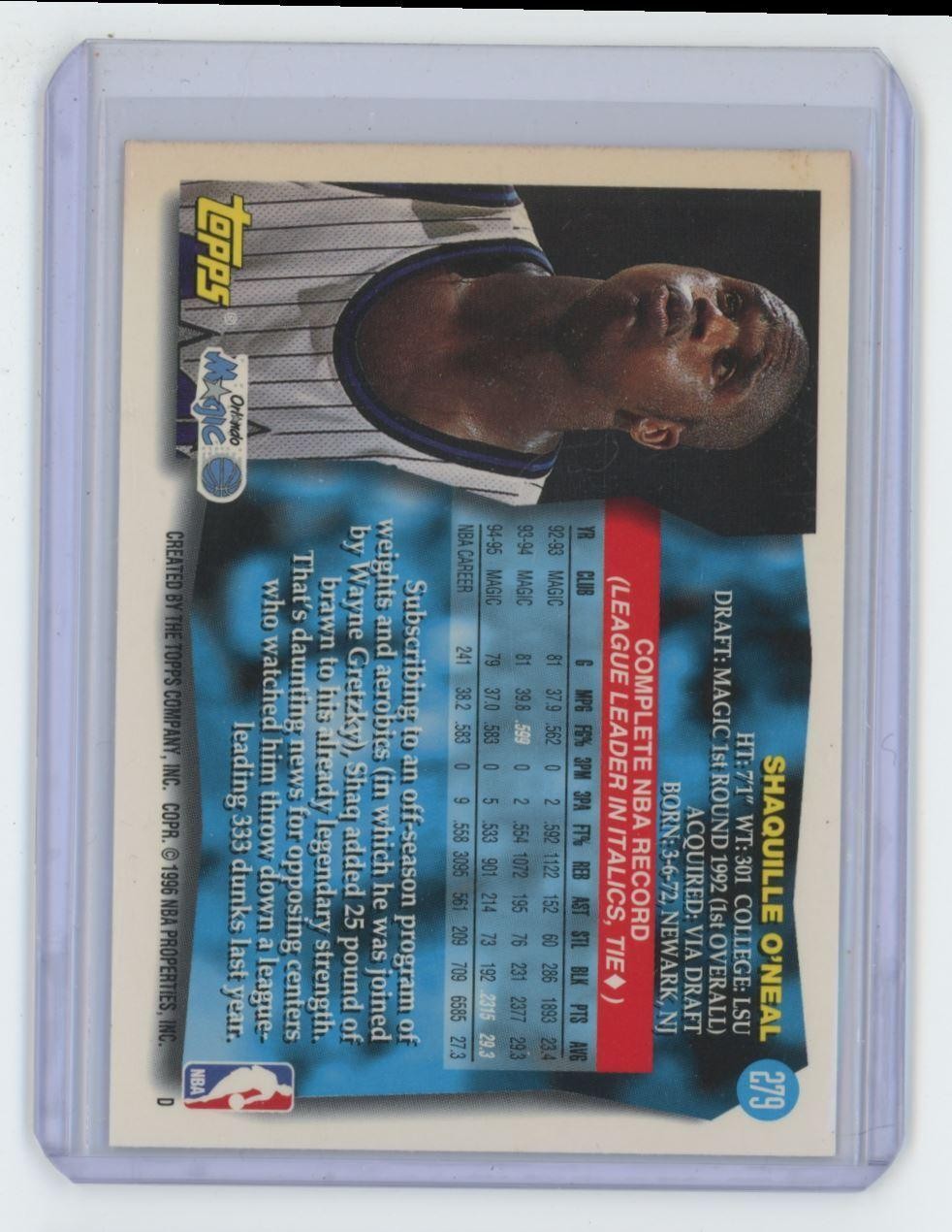 1995-96 Topps Shaquille O'Neal Basketball Card Orlando Magic #279 A