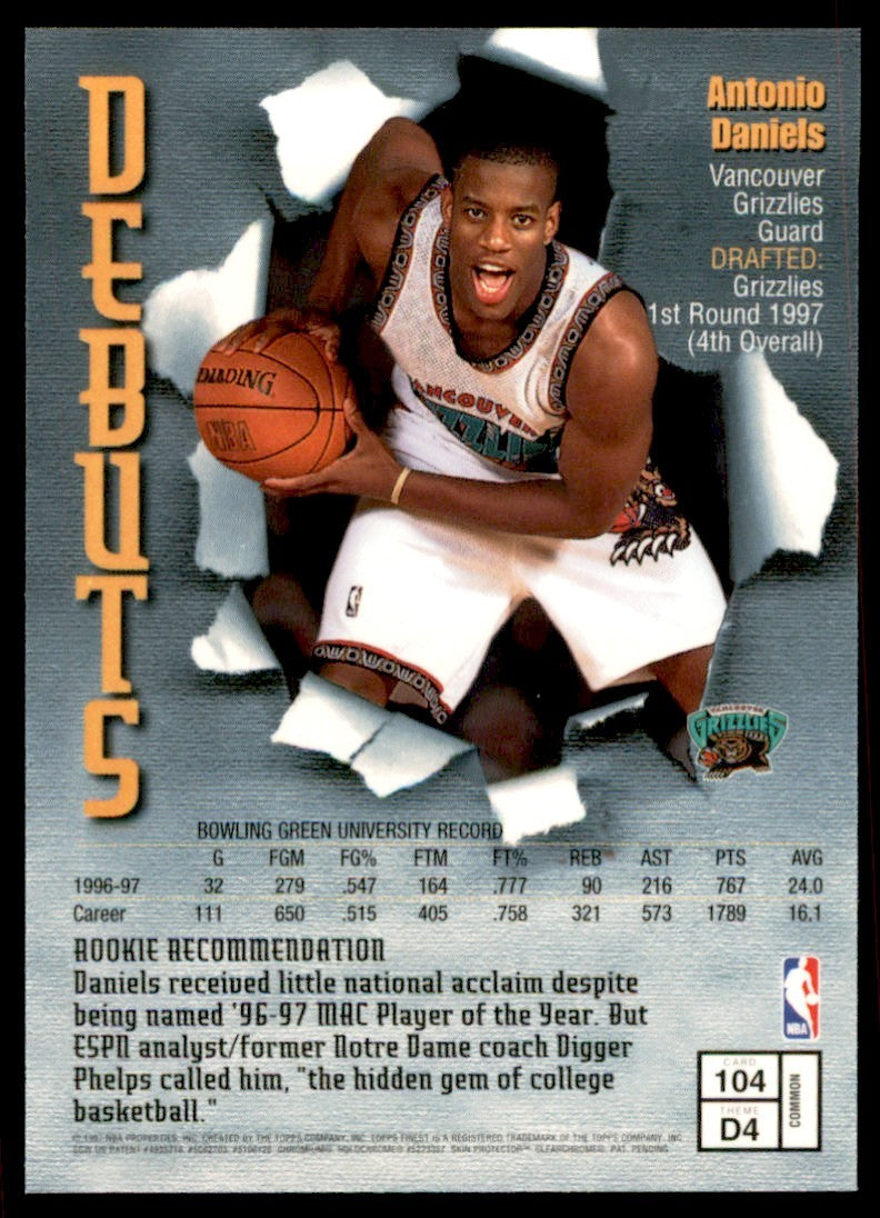 1997-98 FINEST WITH COATING ANTONIO DANIELS VANCOUVER GRIZZLIES #104