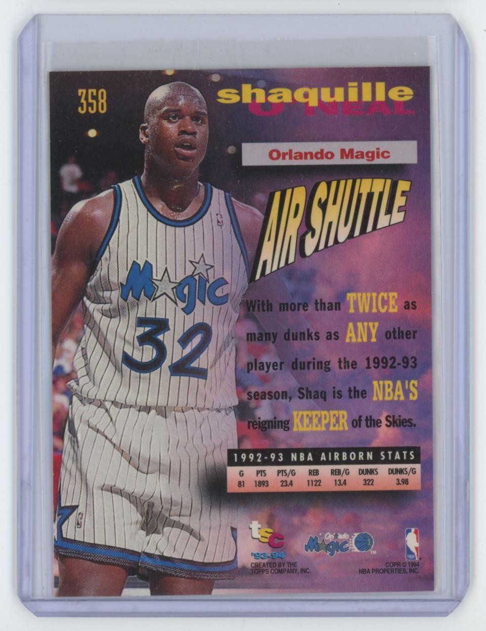 1995-96 Stadium Club Shaquille O'Neal Basketball Card Orlando Magic #358