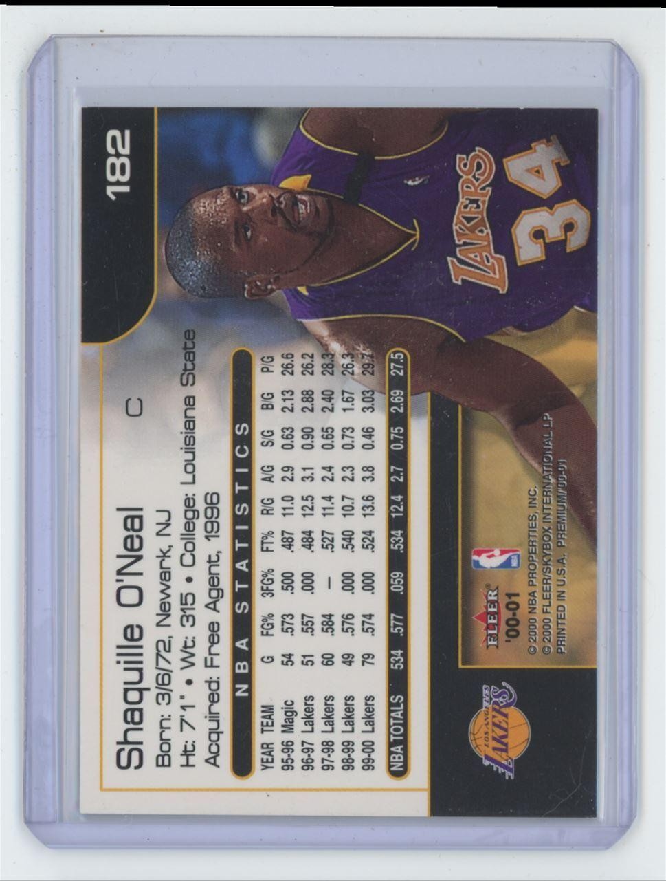 2000-01 Fleer Premium Shaquille O'Neal Basketball Card Los Angeles Lakers #182