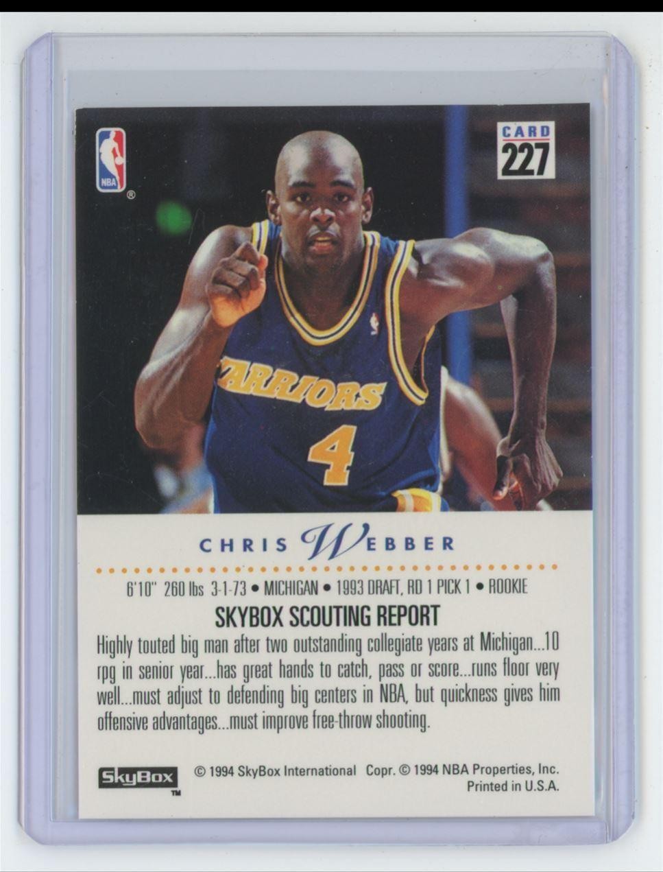 1993-94 SkyBox Rookie Chris Webber Basketball Card Golden State Warriors #227