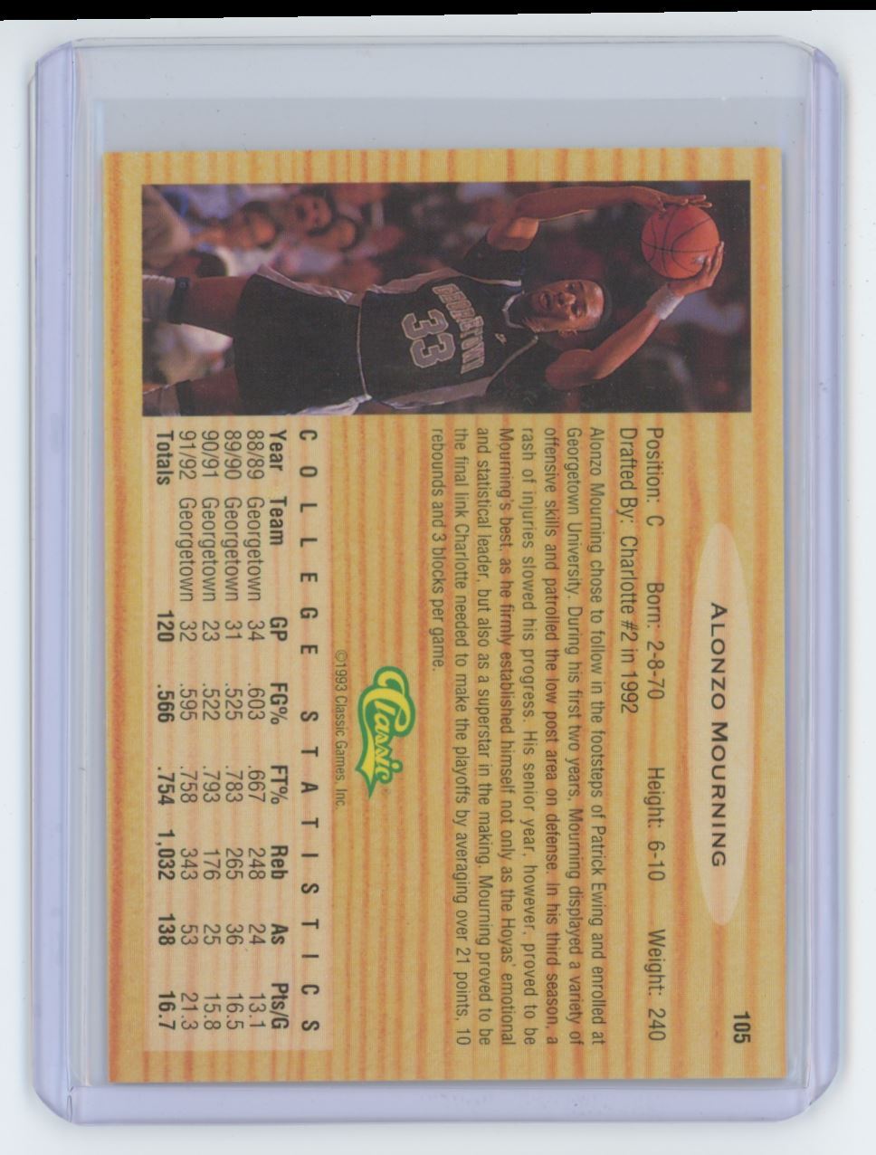 1992-93 Classic Alonzo Mourning Basketball Card #105